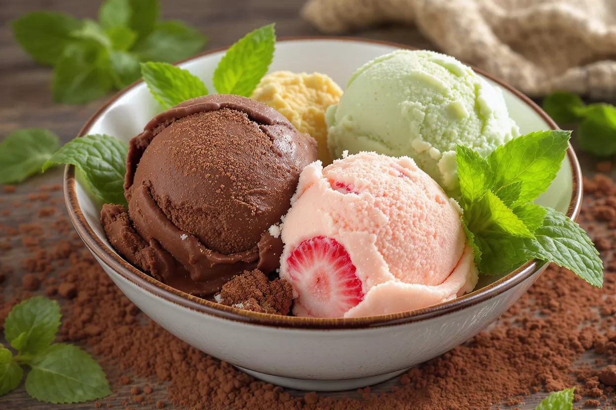 Délicieux Bol de Glaces Un bol avec quatre boules de glace : chocolat, fraise, vanille et pistache.