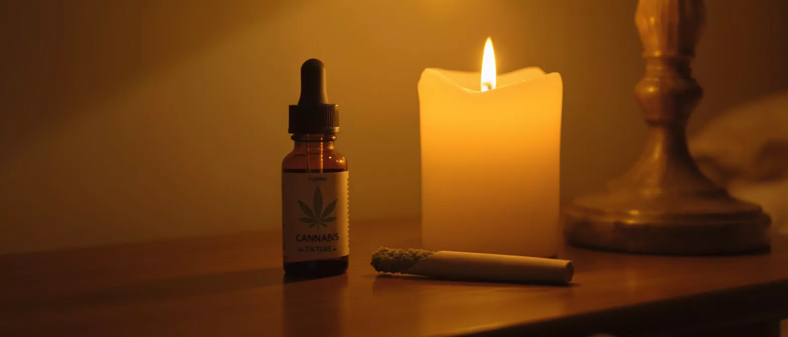Cannabis Tincture, Joint, and Candle Cannabis tincture bottle, pre-rolled joint, and lit candle on a wooden surface.
