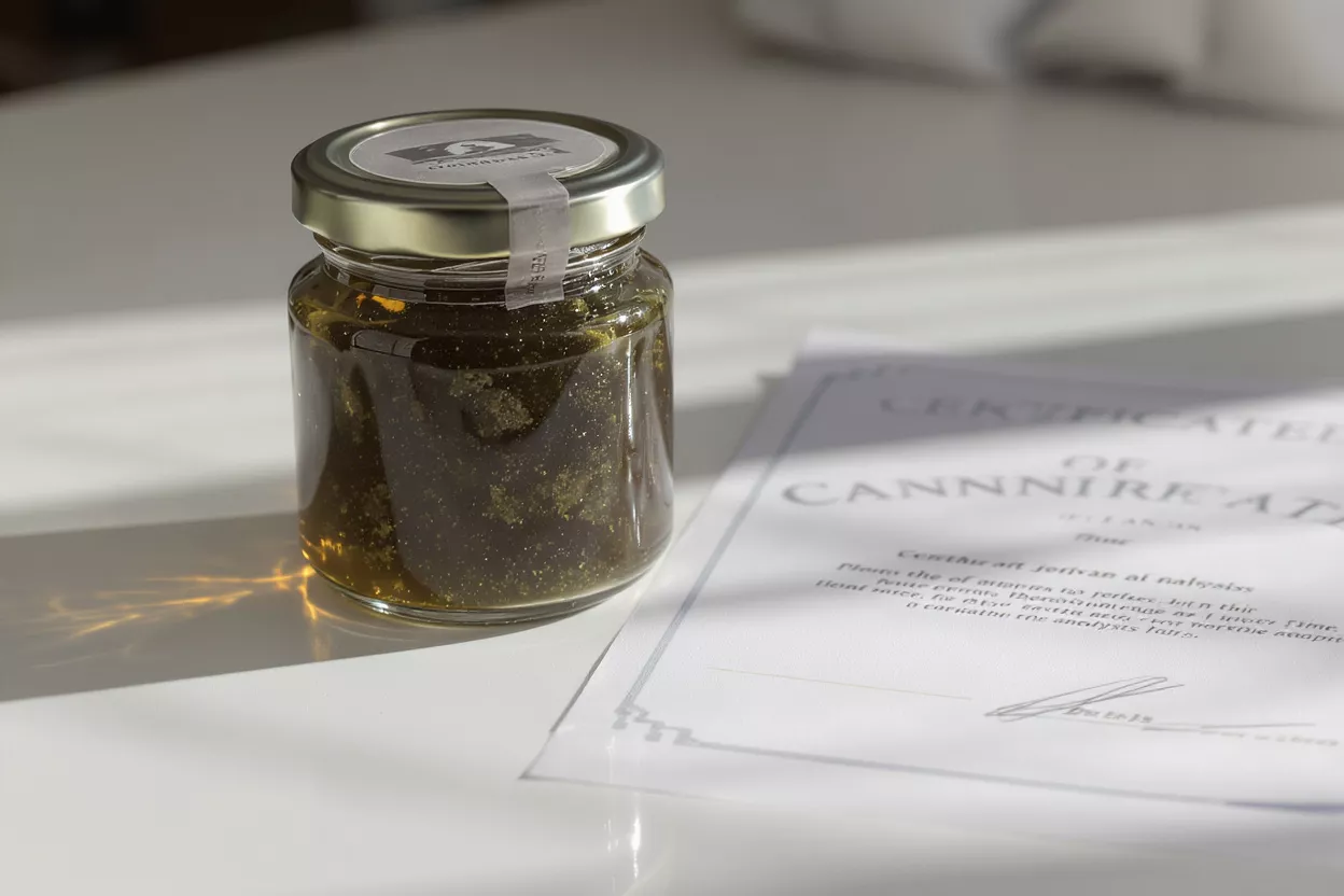 Cannabis Oil Certificate and Jar Jar of cannabis oil beside a certification document