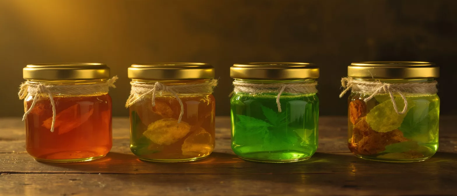 Four jars filled with colorful liquids and ingredients