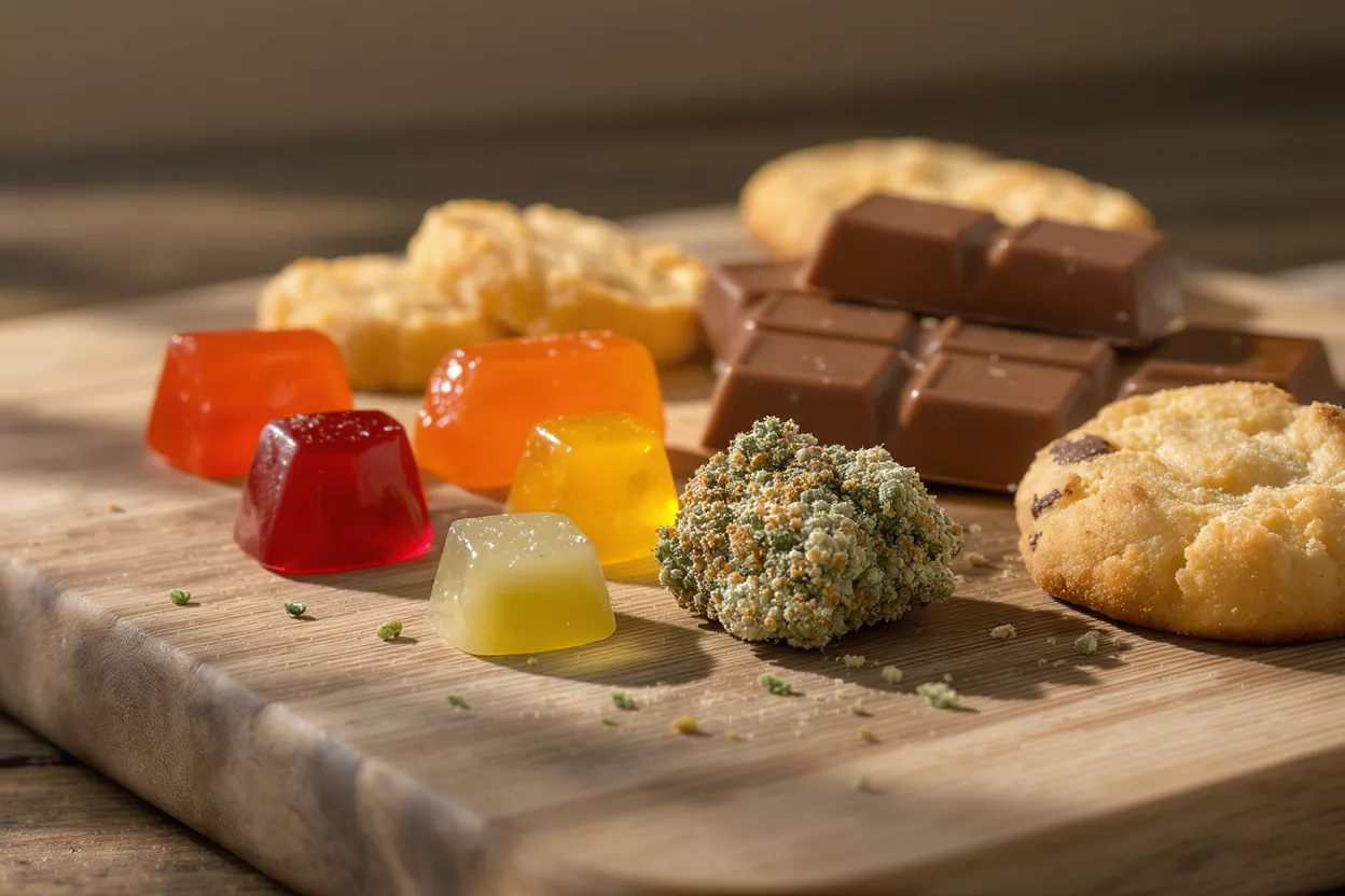 Edible Treats and Cookies Assorted colorful gummies and cookies on a wooden board