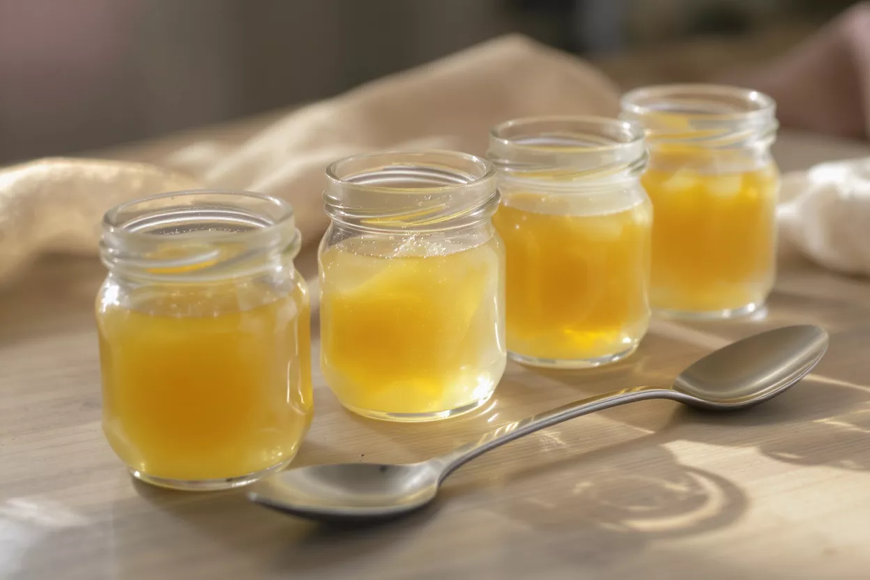 Yellow Jelly in Glass Jars Four glass jars filled with yellow jelly on a table
