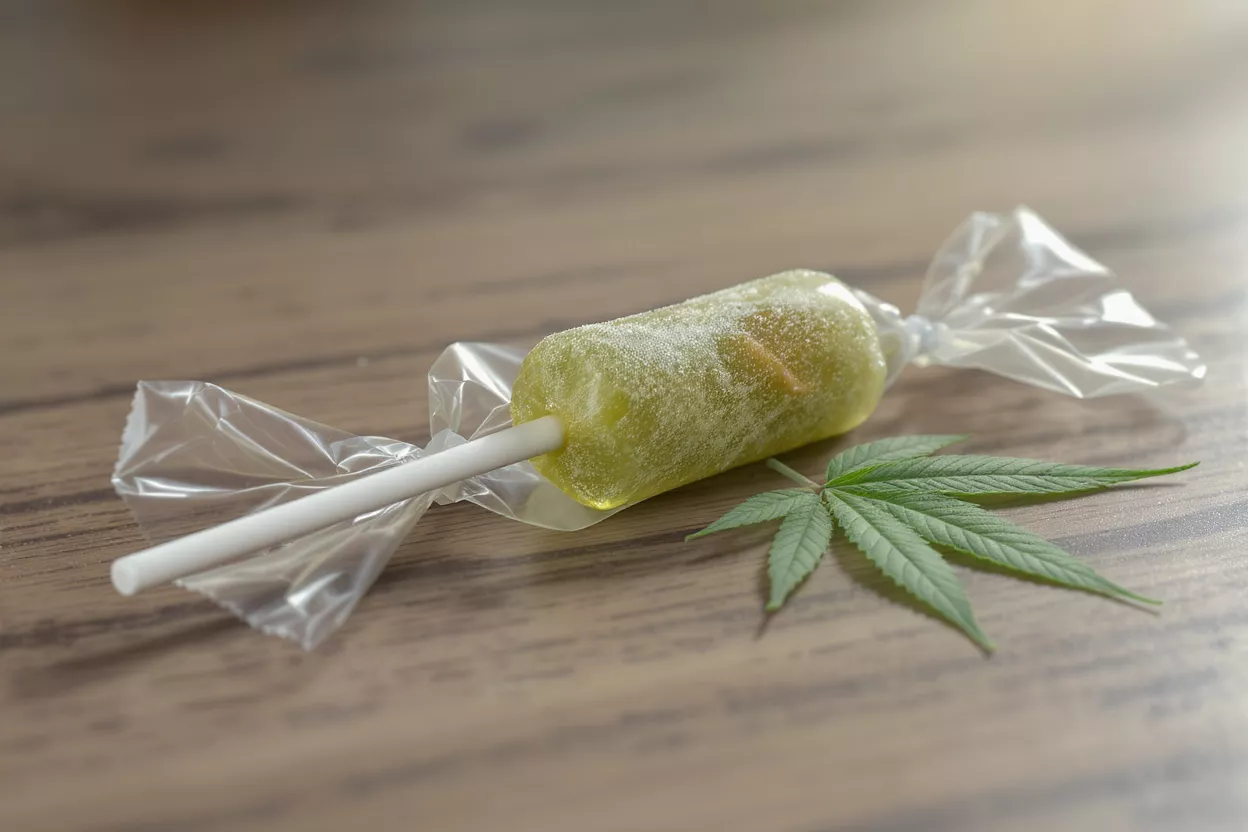 Cannabis Infused Lollipop A cannabis lollipop wrapped in clear plastic