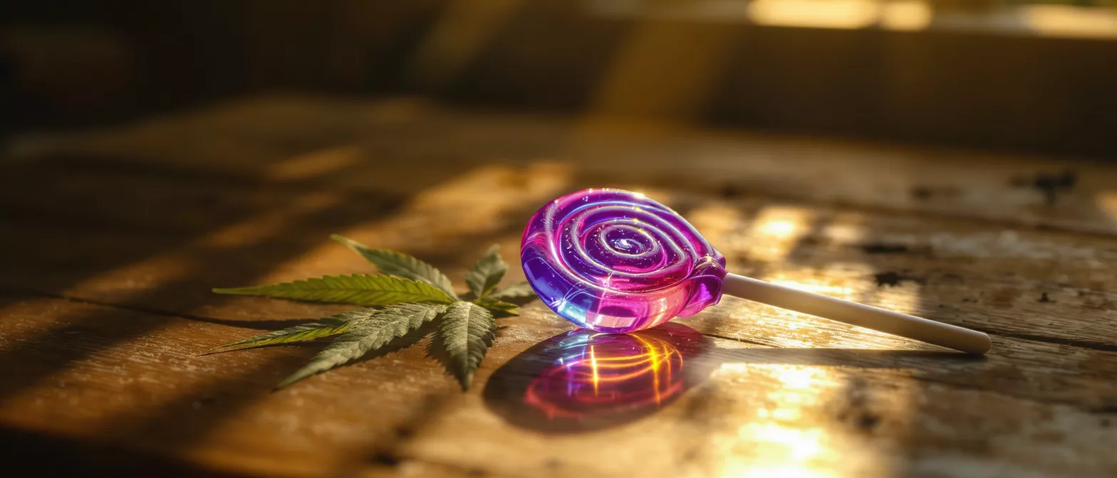 A vibrant lollipop beside a cannabis leaf.