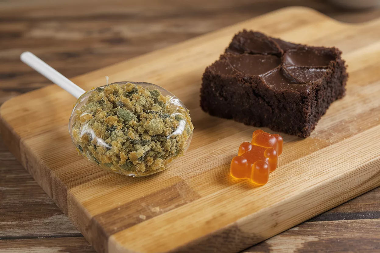Delicious Edible Cannabis Treats An assortment of cannabis-infused treats on a wooden board