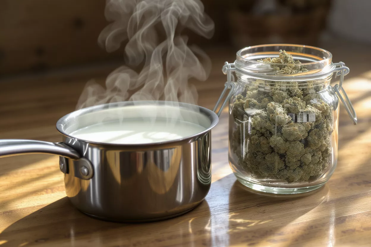 Cooking with Cannabis Milk A pot of steaming milk beside a jar of cannabis buds