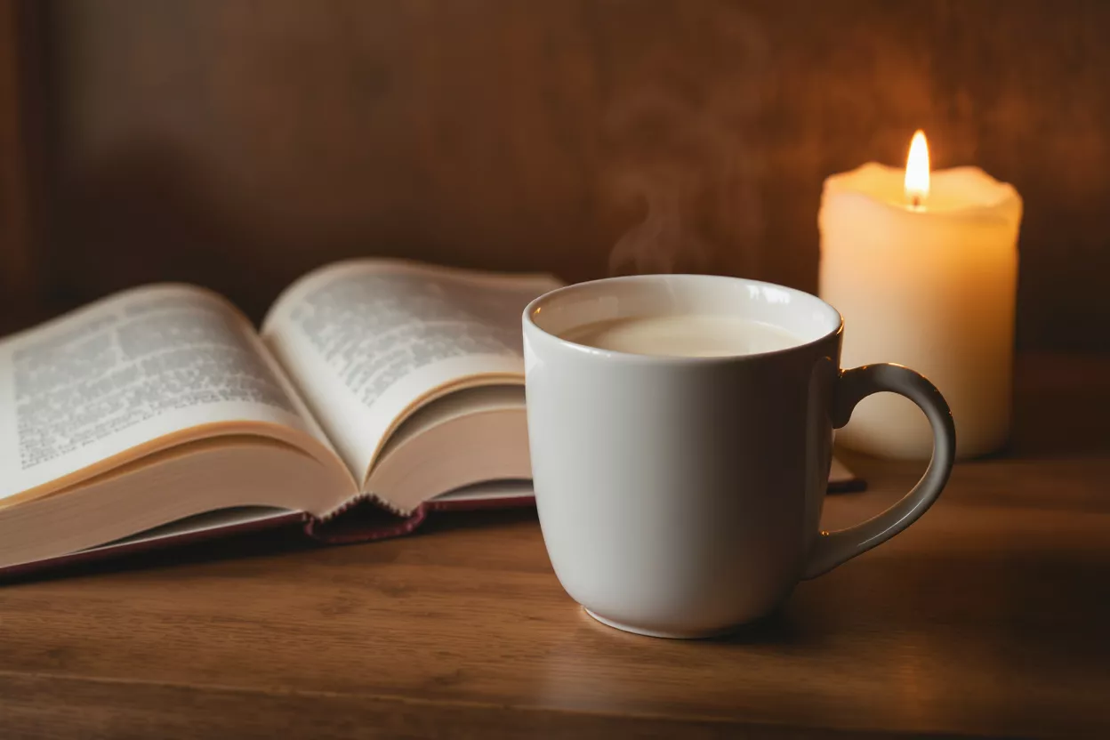 Cozy Coffee and Book Setting A steaming cup of coffee beside an open book and a candle