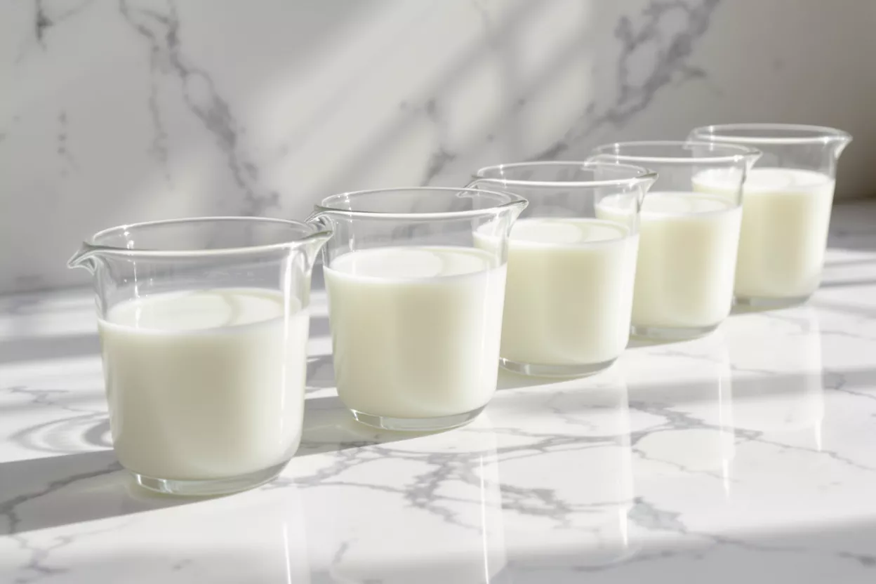 Glass Beakers Filled with Milk Five glass beakers containing white liquid on a marble surface