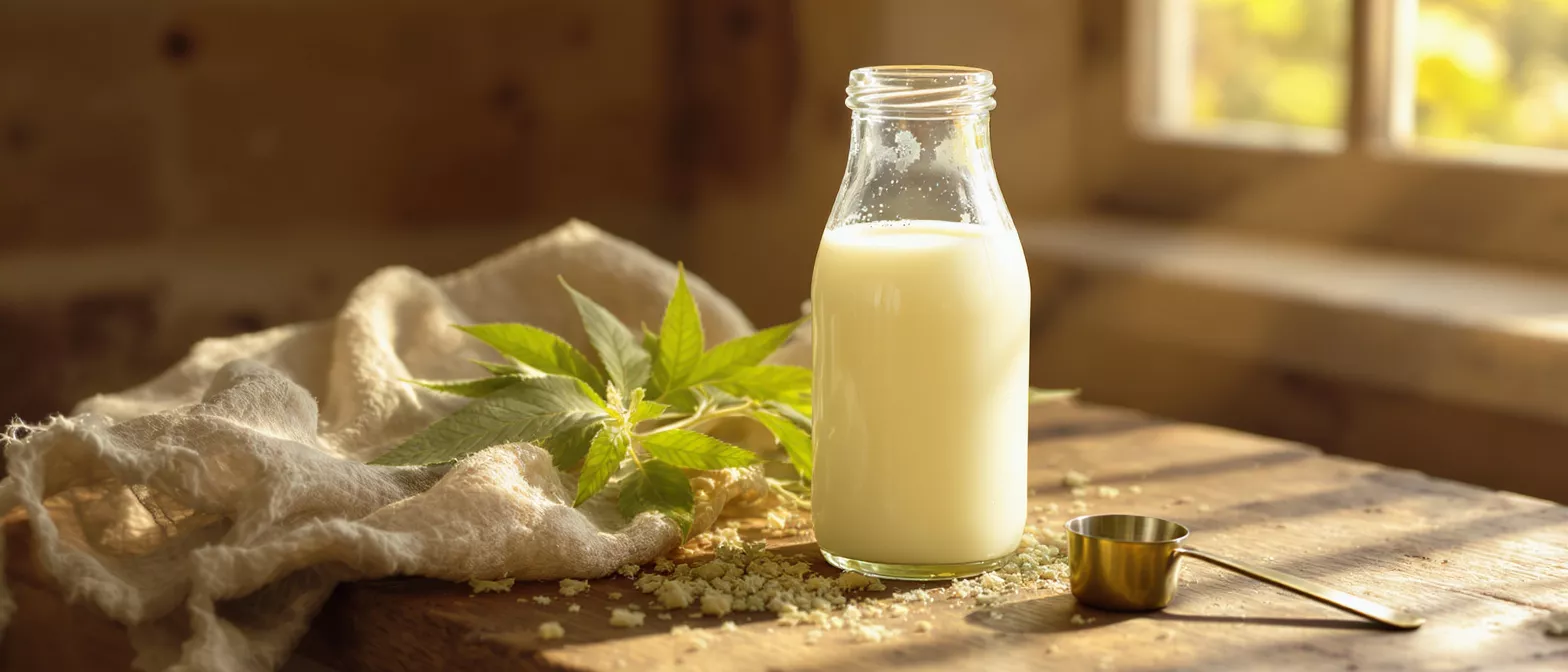 A bottle of milk next to fresh herbs on a wooden table