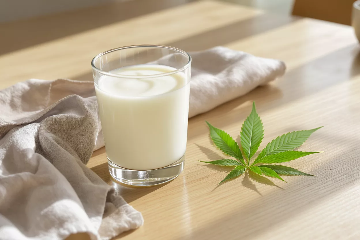 Milk and Leaf Arrangement A glass of milk next to a green leaf on a wooden surface