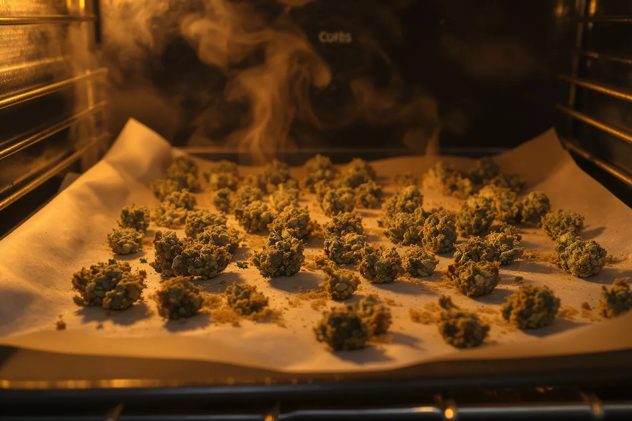 Cannabis buds on parchment paper in an oven, with warm light and smoke.