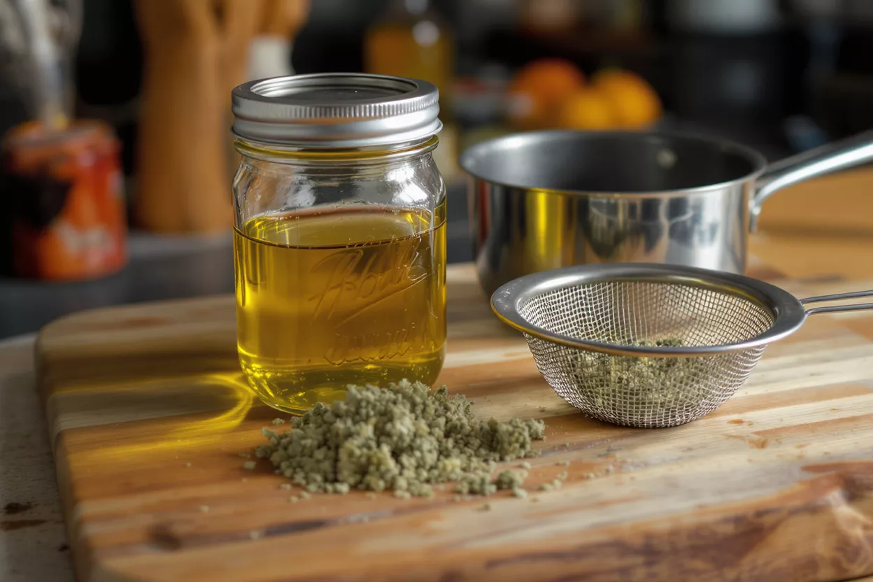 Mason jar of golden oil, ground cannabis, and a strainer on a wooden board.