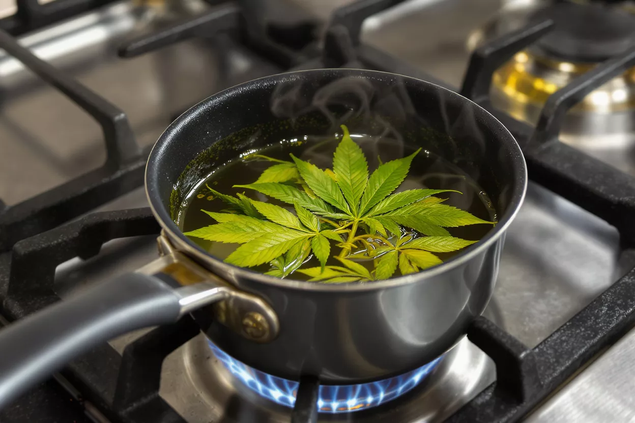 Cannabis leaves boiling in a small pot on a gas stove burner with blue flame.