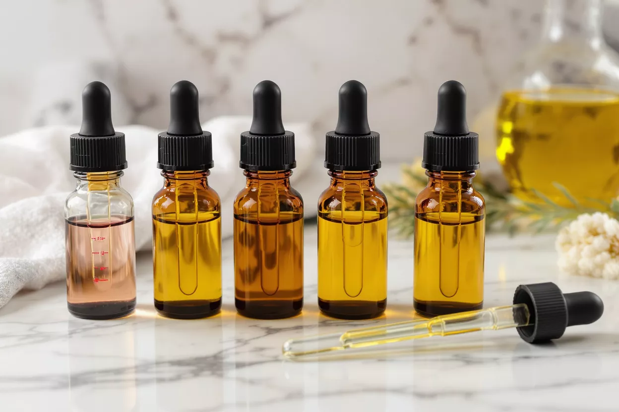 Five amber and clear dropper bottles with essential oils on a marble surface.