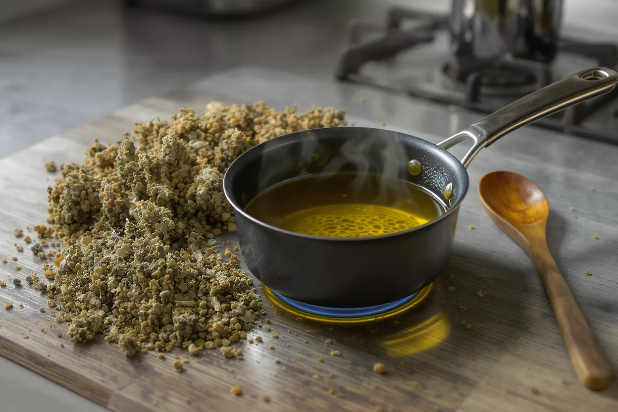Making Herbal Infused Oil in a Saucepan A small saucepan of steaming oil sits beside ground herbs on a countertop.