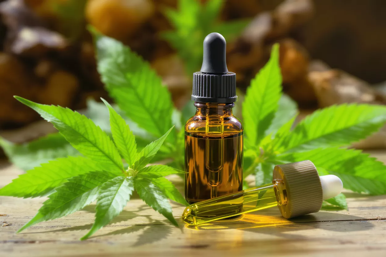 CBD Oil Bottle with Fresh Hemp Leaves A brown dropper bottle of CBD oil surrounded by fresh green hemp leaves.