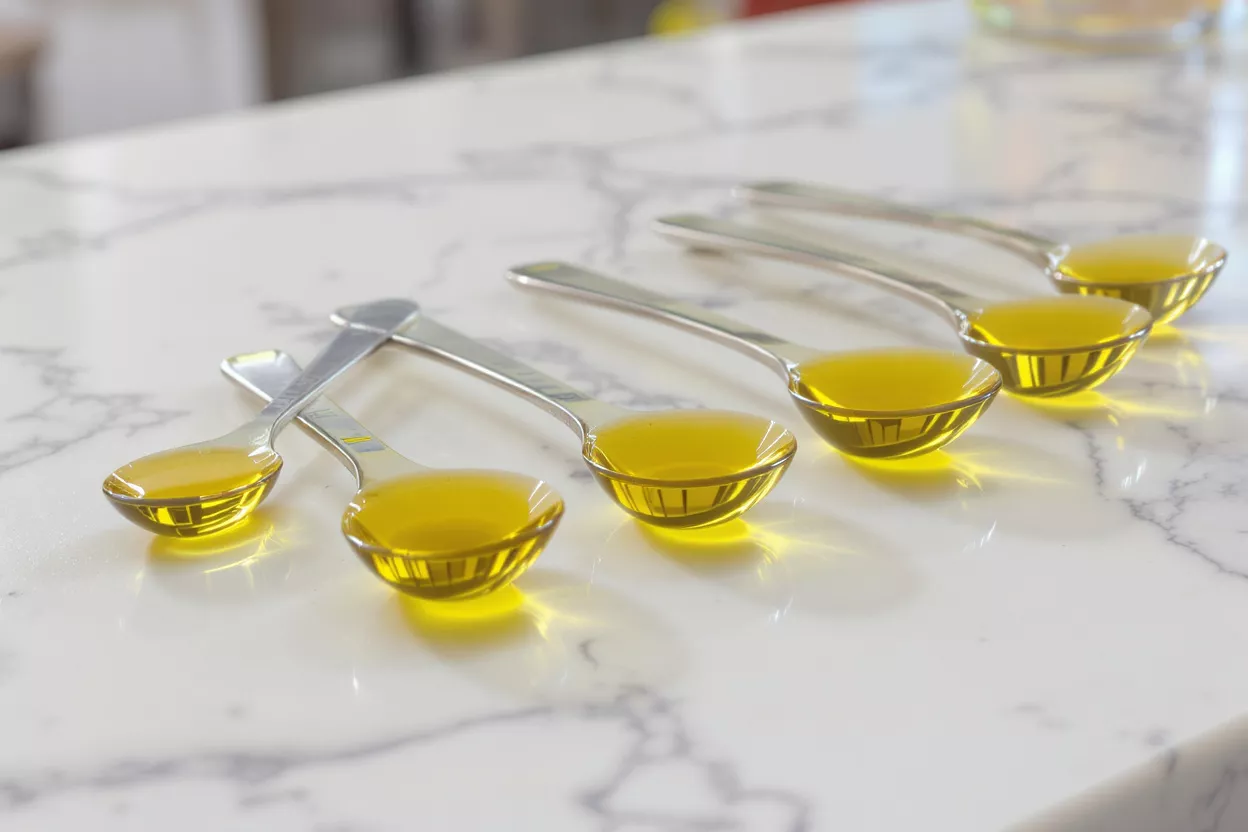 Spoons of Golden Oil on a Marble Countertop Several silver spoons filled with golden olive oil on a white marble surface.