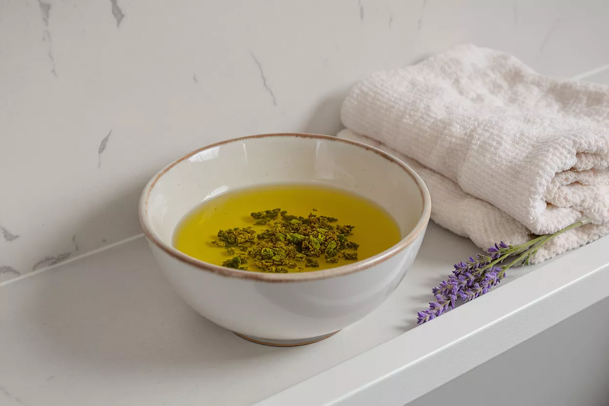 Natural Herbal Oil for Spa and Wellness A bowl of herbal infused oil next to folded white towels and lavender.