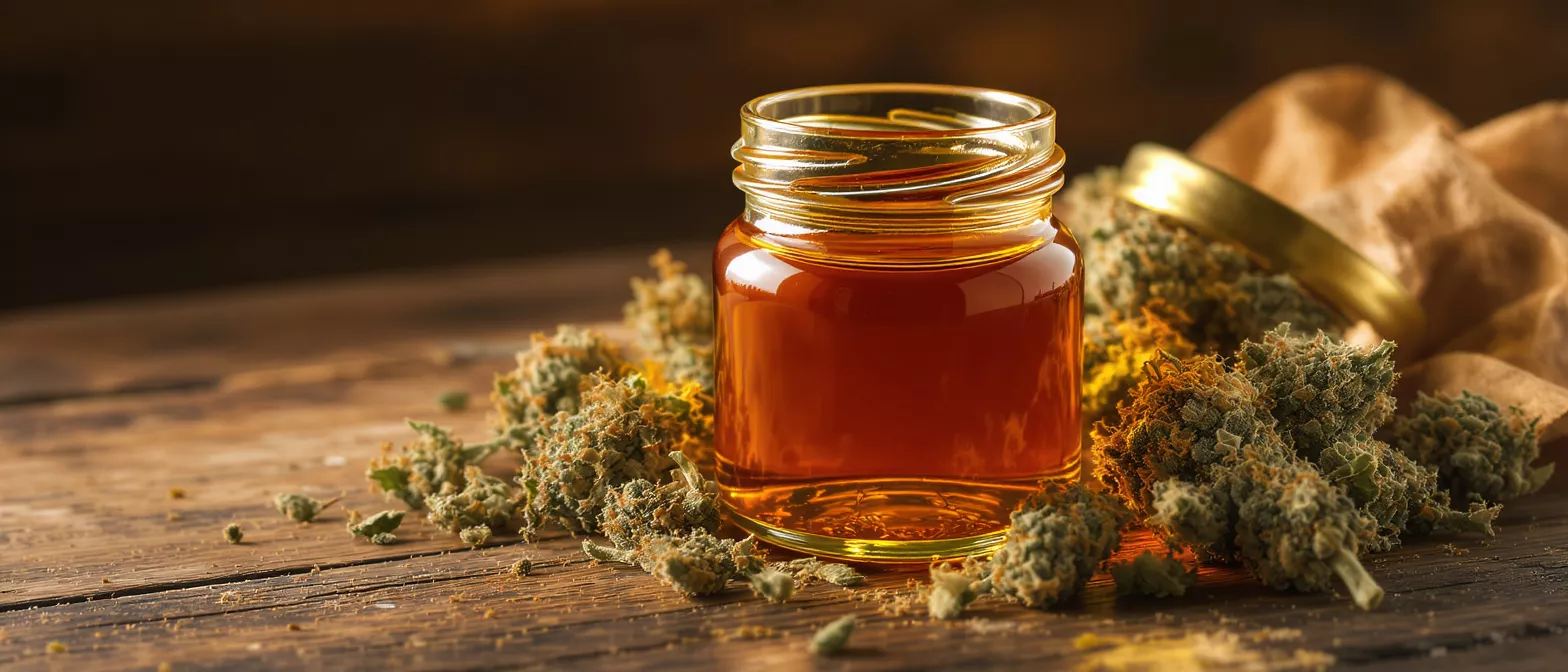 A jar of golden cannabis oil surrounded by dried cannabis buds on a rustic wooden table.