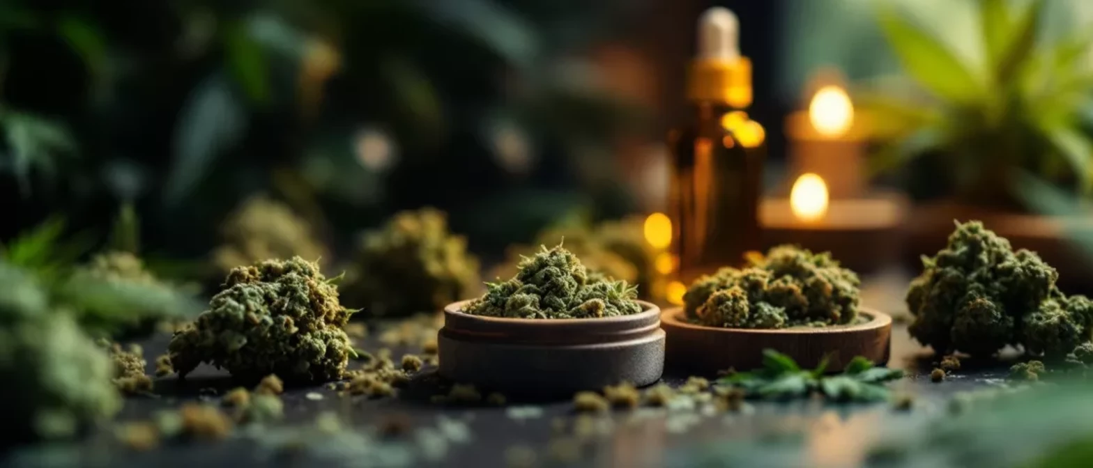 Varios cogollos de cannabis y aceite en un entorno sereno