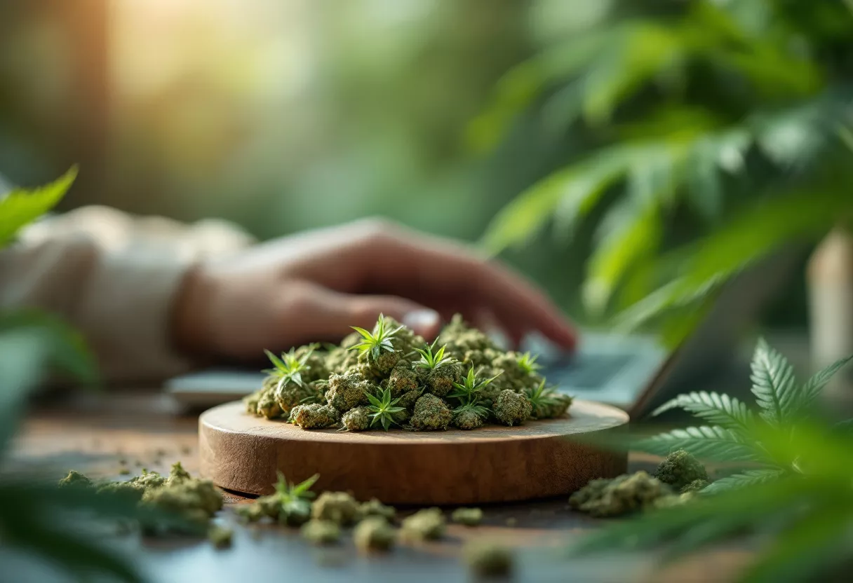 Mano usando portátil con cogollos de cannabis en plato de madera