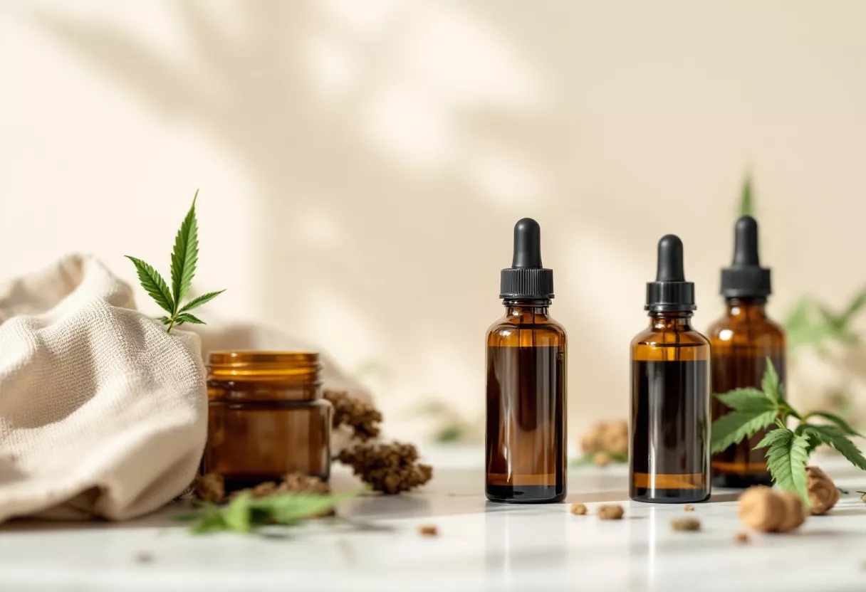 Tres botellas de aceite de CBD con hojas de cáñamo y decoración natural