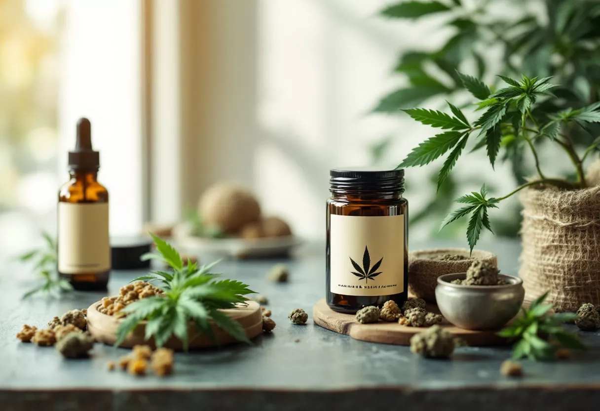 Varios productos de aceite de cáñamo y plantas bellamente dispuestos