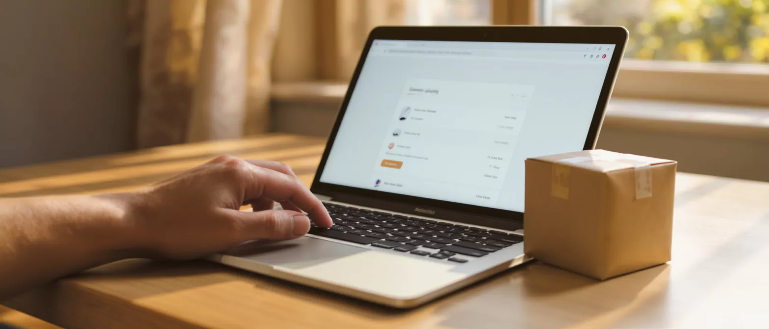 Online Shopping and Delivery Person typing on laptop next to a small cardboard delivery box on a wooden table.