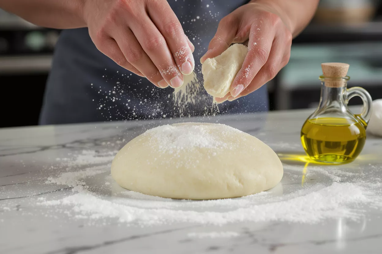 Hands sprinkling flour on a mound of dough on a marble counter.