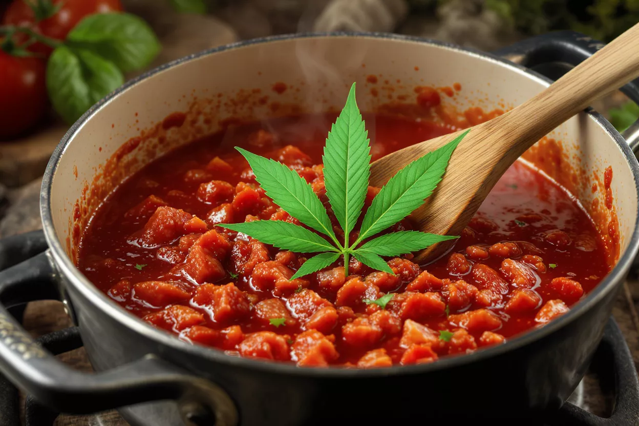 A vibrant green cannabis leaf floating in a pot of simmering red tomato sauce.
