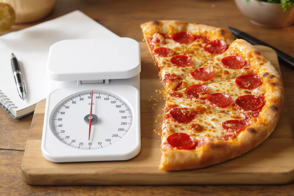 Two slices of pepperoni pizza next to a white food scale on a wooden board.