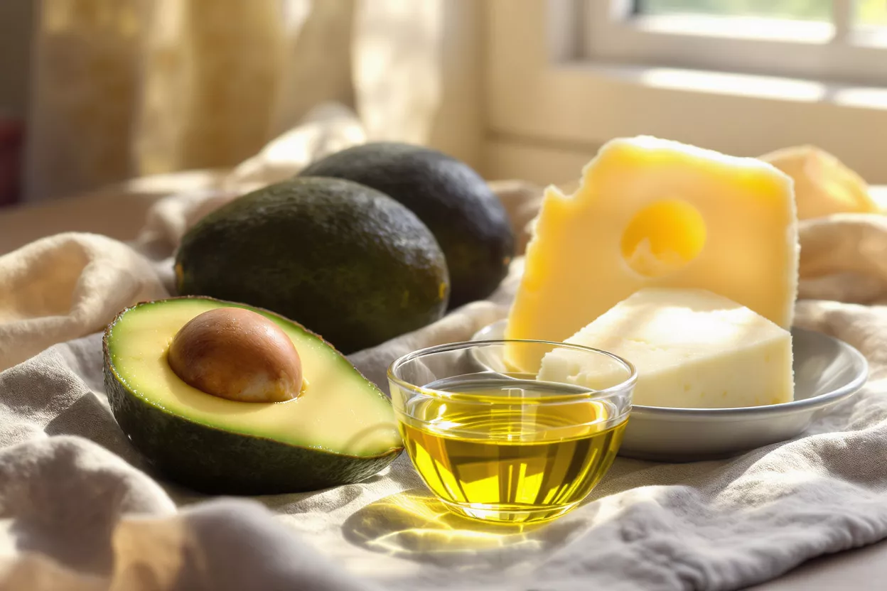 Avocados, olive oil, and cheese on a cloth, representing healthy fats.