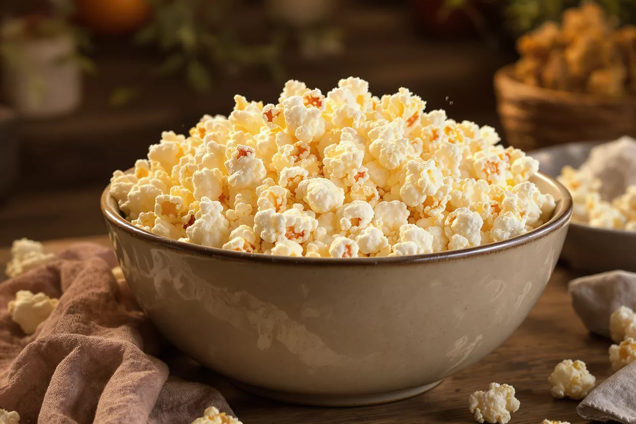 Bowl of Freshly Popped Popcorn A large bowl filled with fluffy, white, and yellow popcorn on a wooden table.