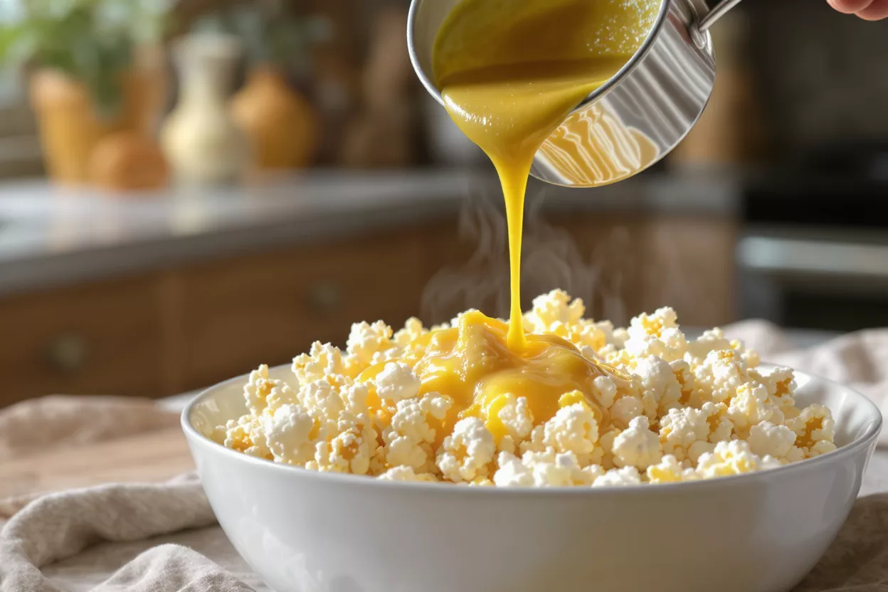 Warm Cheese Sauce on Popcorn Hot cheese sauce being poured over a bowl of freshly popped popcorn.