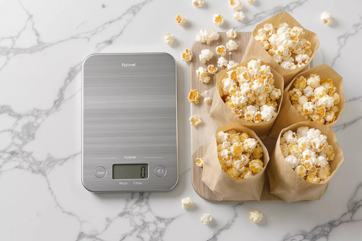 Kitchen Scale with Popcorn Snacks Digital kitchen scale next to popcorn in brown paper bags on a marble surface.