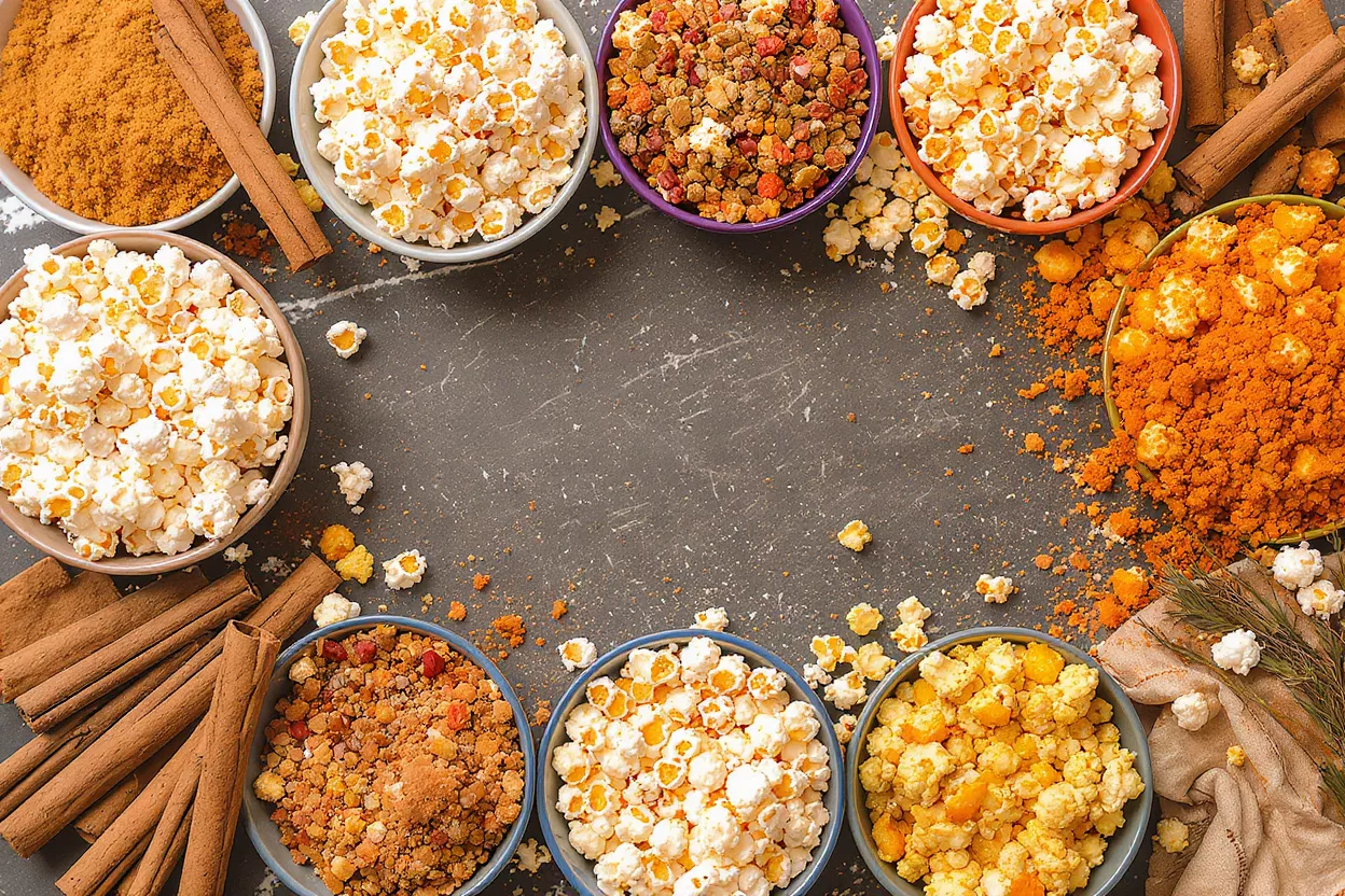 Variety Popcorn Bowls with Spices Overhead view of multiple bowls of popcorn and spices on a dark surface.
