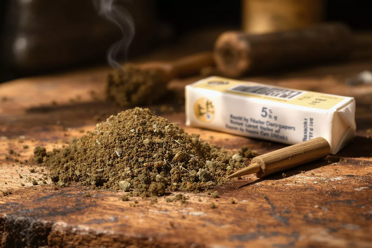 A pile of herbal powder with smoking accessories on a wooden surface.