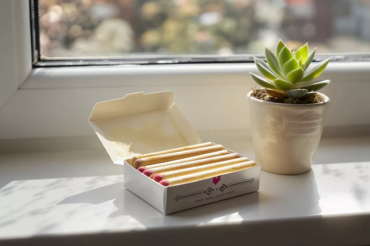Box of long matches with red tips next to a succulent plant on a windowsill.