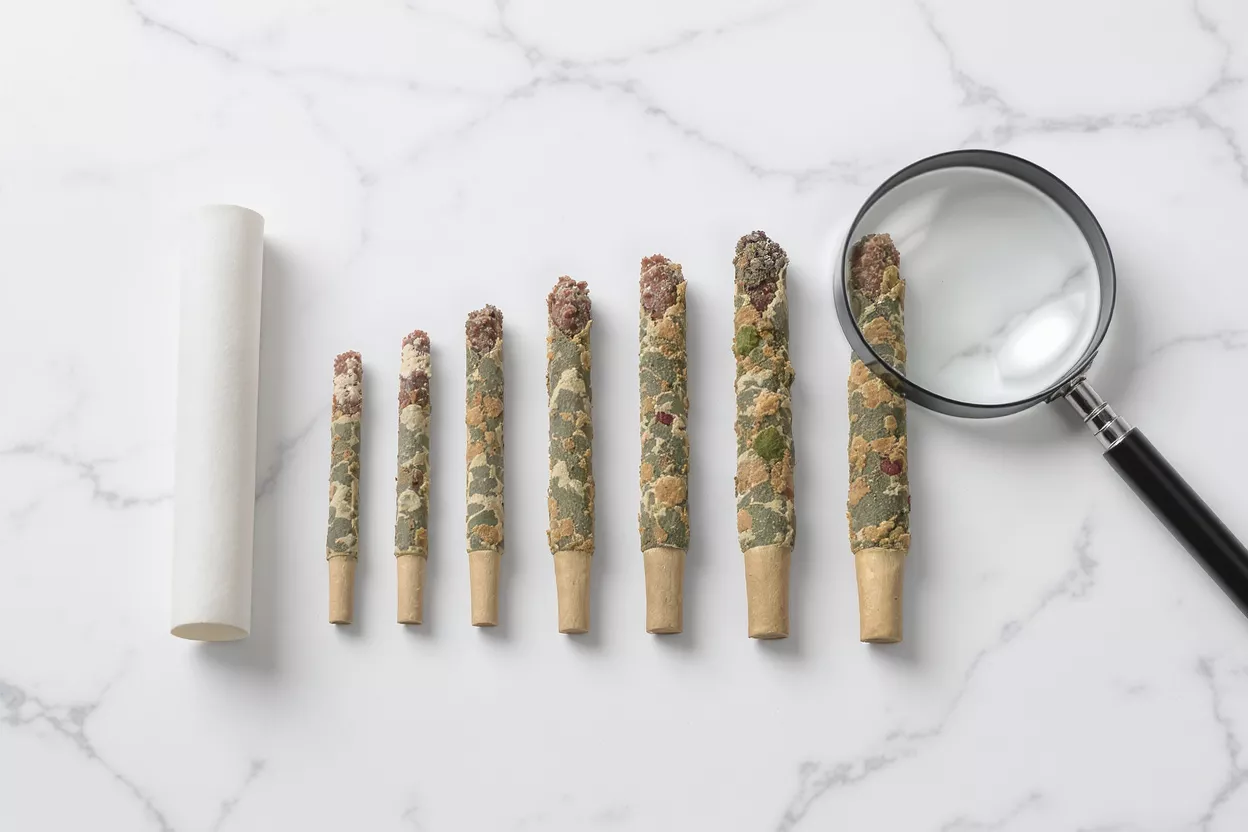 Seven pet treats, a white tube, and a magnifying glass on a marble surface.