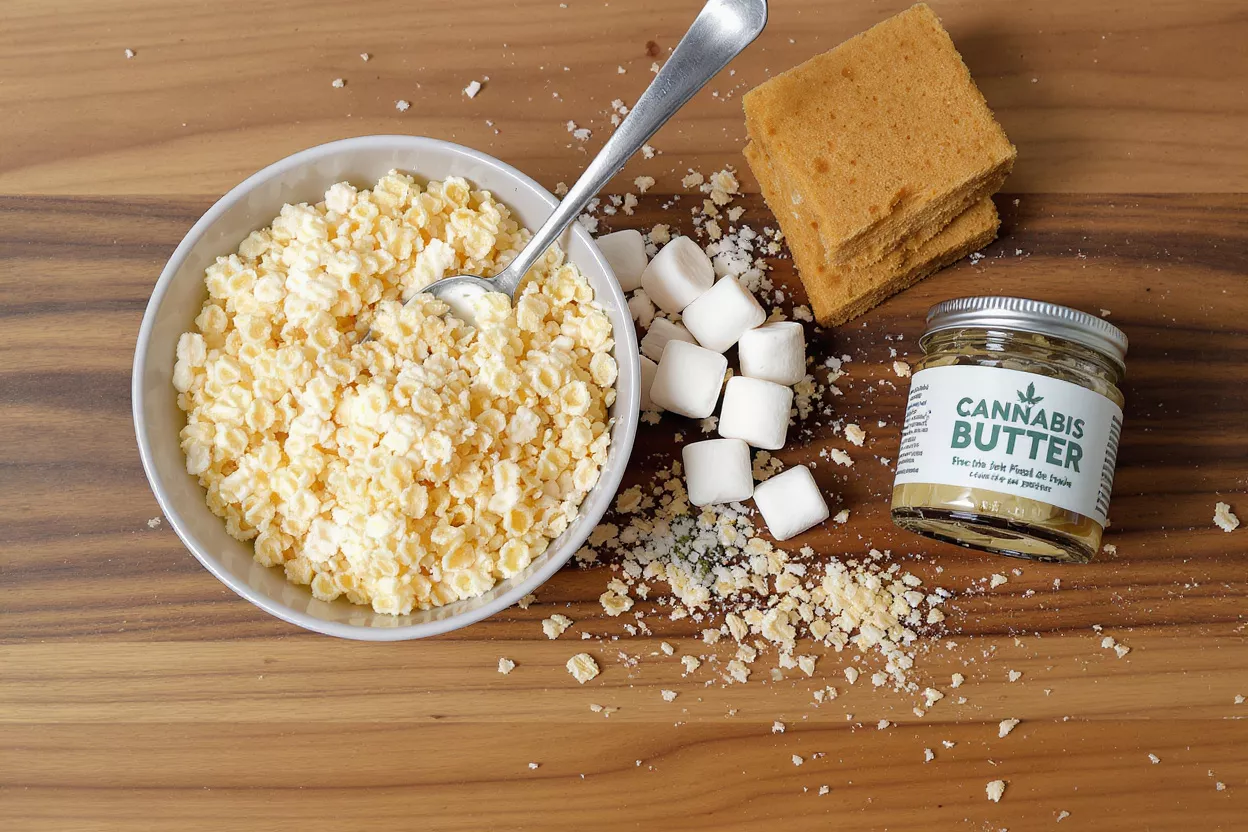 Ingredients for cannabis butter s'mores: cereal, marshmallows, graham crackers, cannabis butter.