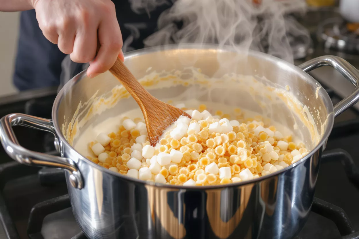 A person stirring marshmallows and cereal in a pot on a stove.