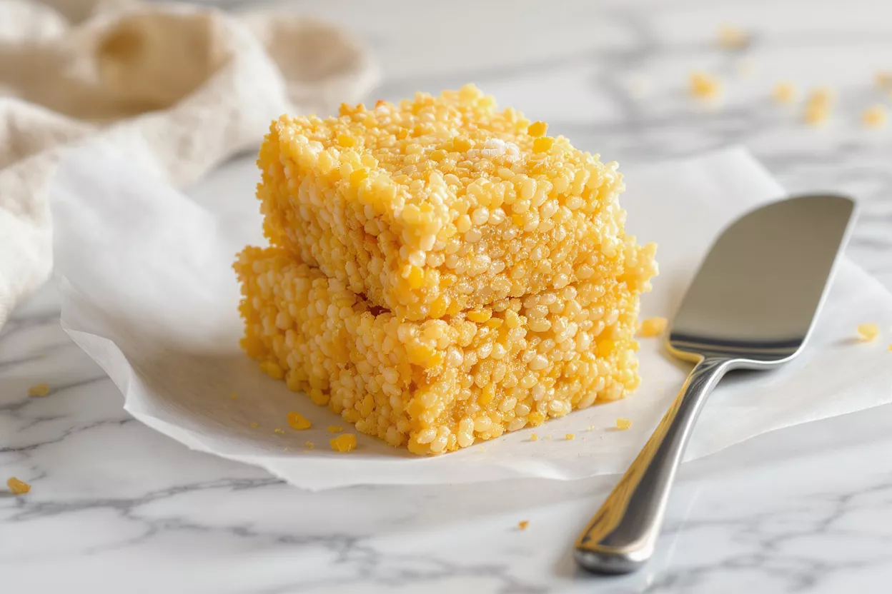 Two yellow crispy rice treats stacked on parchment paper with a server.