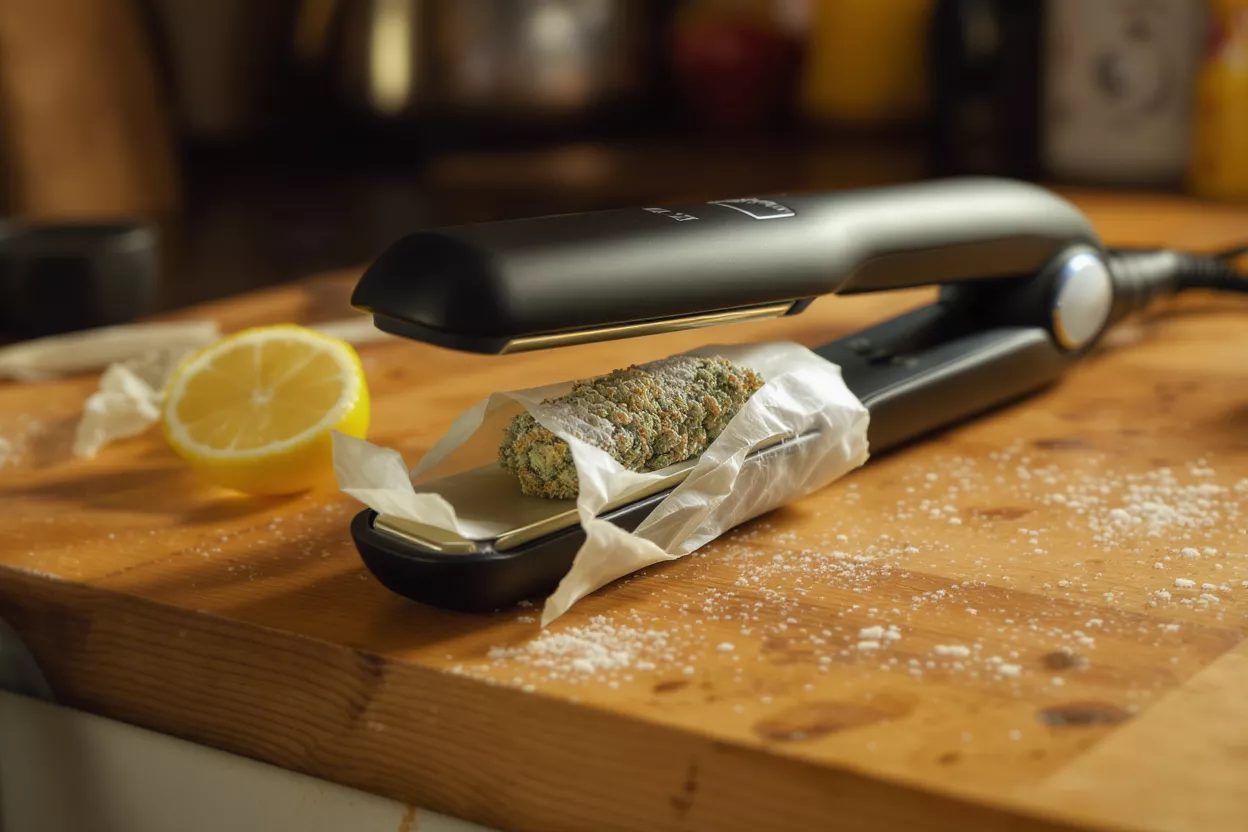 Hair straightener pressing cannabis wrapped in parchment paper with a lemon beside it.