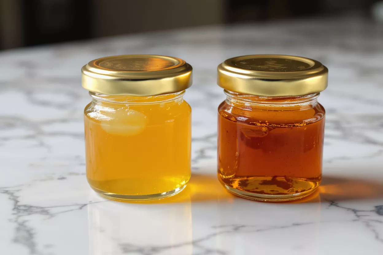 Two small glass jars with golden lids filled with honey on a white marble surface.