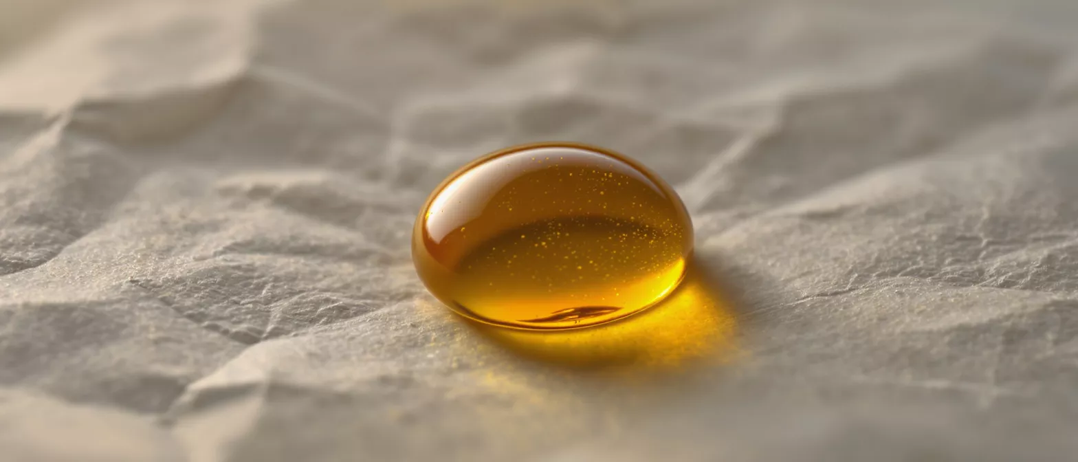 A single, translucent golden oil drop rests on a textured, light-colored surface.