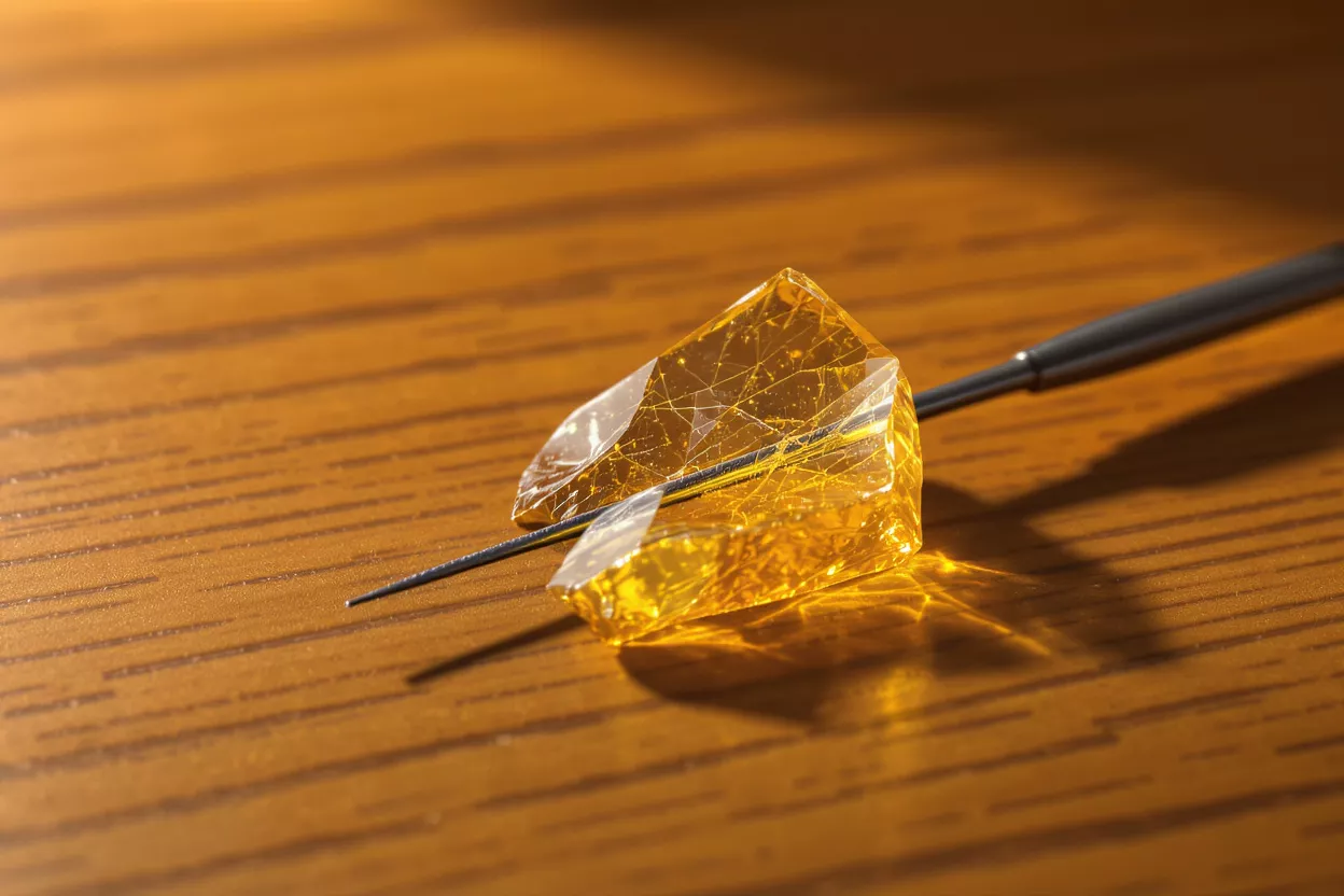 Close-up of golden shatter cannabis concentrate on a dab tool on a wooden surface.