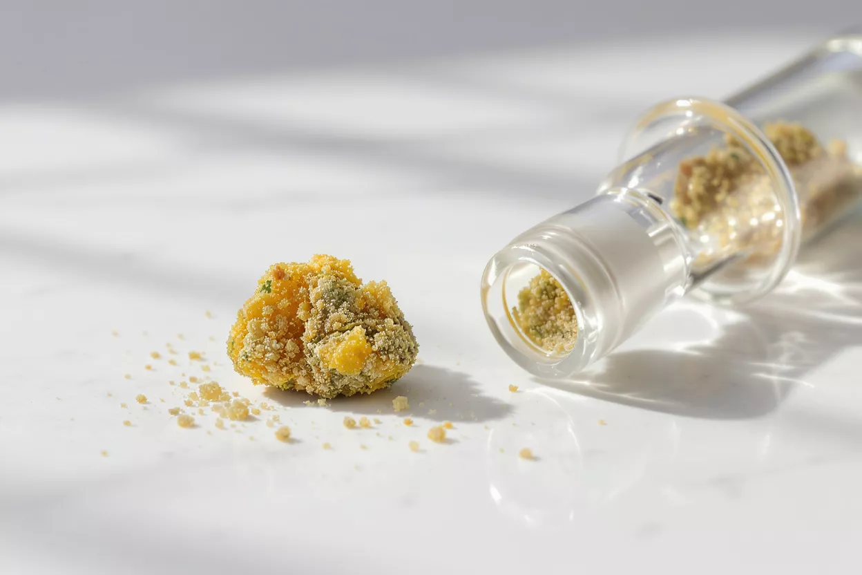 Close-up of cannabis concentrate next to a glass jar on a white surface.