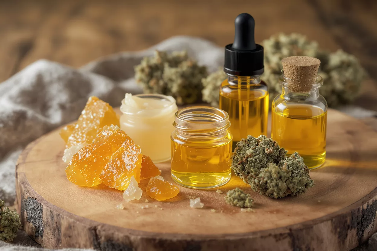 Various cannabis products including oils, wax, and buds on a wooden board.