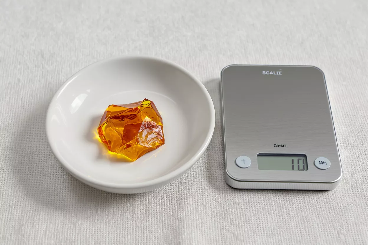 A piece of amber-colored resin in a white bowl next to a digital kitchen scale showing '10'.