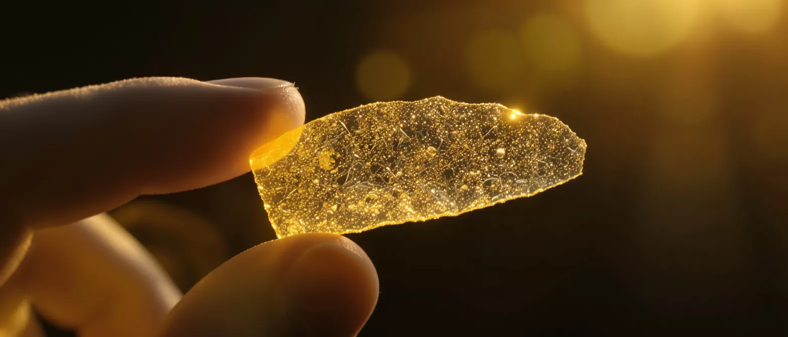 Fingers holding a translucent, golden cannabis shatter concentrate against a dark background.